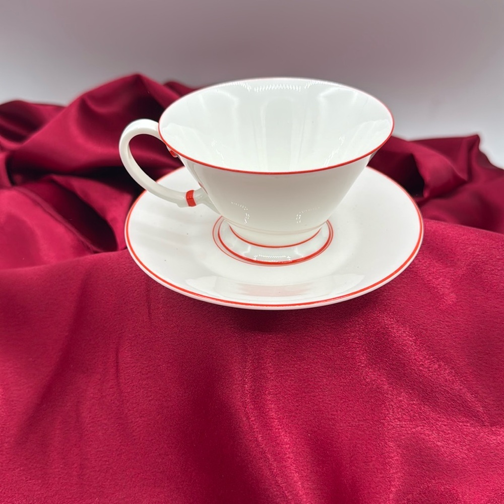 White cup/saucer set with red; MCM; vintage Noritake Nippon Toki Kaisha.